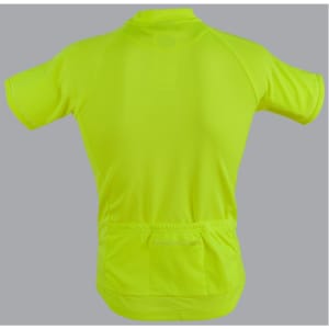 A unisex cycling top in bright yellow with a back pocket and a logo.