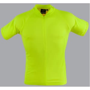 A unisex cycling top in bright fluorescent yellow, featuring short sleeves and a front zip. It has a logo.