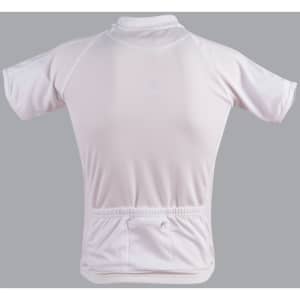 A unisex cycling top in white, featuring short sleeves and a rear pocket. It has a logo detail.