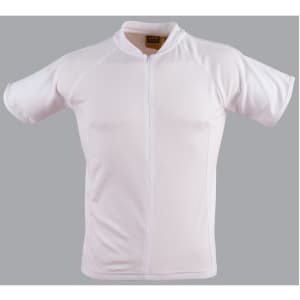 A white unisex cycling top with short sleeves and a front zip, featuring a logo.