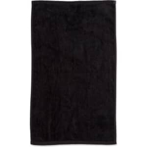 A black golf towel measuring 38 x 65 cm, featuring a brand logo. Soft and absorbent.