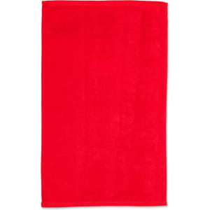 A red golf towel measuring 38 x 65 cm, with a plain design and a logo at one corner.