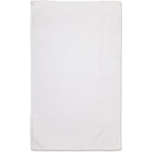 A white golf towel measuring 38 x 65 cm with a simple design and an attached logo.