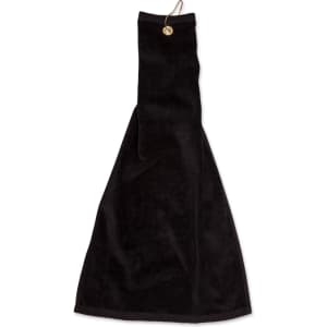 A black golf towel with an eyelet hook, measuring 38 x 65 cm, featuring a hanging loop.
