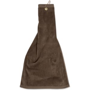 A brown golf towel featuring an eyelet hook, measuring 38 x 65 cm, with a logo on it.