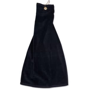 A black golf towel with an eyelet hook, measuring 38 x 65 cm, featuring a loop for easy attachment.