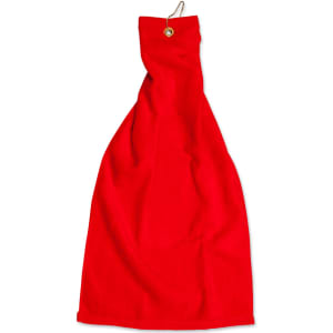 A red golf towel with an eyelet hook, measuring 38 x 65 cm, featuring a plain design and a metal eyelet.