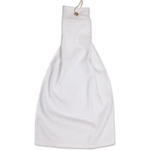 A white golf towel with an eyelet hook, measuring 38 x 65 cm, featuring a branding logo.