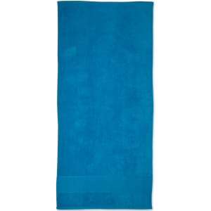 A terry velour beach towel in a vibrant shade of blue, measuring 75x150 cm. The towel features a simple design and a logo.