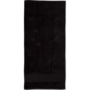 A black terry velour beach towel measuring 75x150 cm, featuring a simple design and a logo.