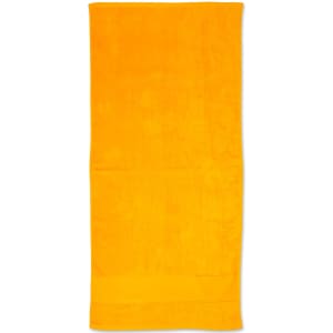 A bright yellow terry velour beach towel, measuring 75x150 cm, featuring a simple design and a logo.
