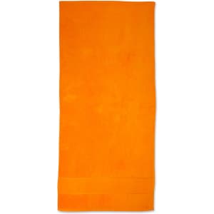 An orange terry velour beach towel, measuring 75x150 cm, with a towel hem and a logo.