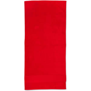 A red terry velour beach towel measuring 75x150 cm, with a solid colour design and a logo.