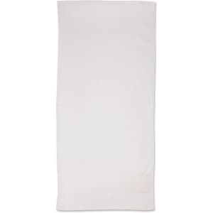 A white terry velour beach towel measuring 75x150 cm, featuring a logo at the edge.