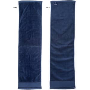 A dark navy terry velour fitness towel, measuring 110x30 cm, featuring two sides with a subtle sheen and a logo.