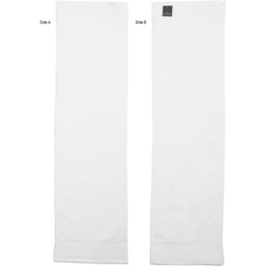 A white terry velour fitness towel, measuring 110x30 cm, displayed with two sides visible. It has a logo on one side.