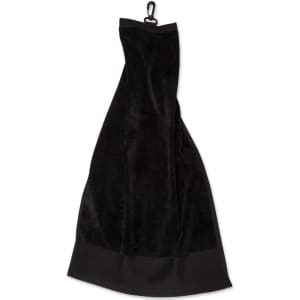 A black golf towel with a hook for easy attachment. It features a soft, plush texture.