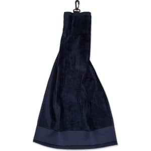 A navy blue golf towel with a hook for easy attachment, featuring a smooth finish and a border at the bottom.