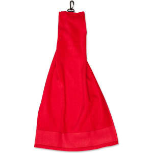 A red golf towel with a hook for easy attachment. It features a simple, elegant design.