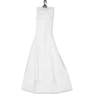 A white golf towel with a hook for attachment. The towel features a branded logo.