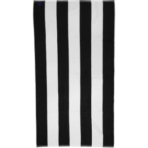A striped beach towel featuring alternating black and white stripes. The towel includes a logo in one corner.