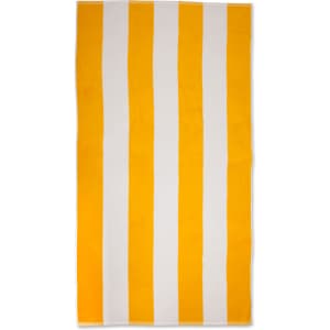 A striped beach towel featuring alternating yellow and white stripes, ideal for outdoor leisure.