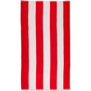 A striped beach towel in red and white with a logo in one corner. Ideal for leisure and outdoor activities.