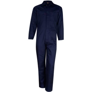 A navy blue men's cotton drill coverall with long sleeves and two chest pockets. It features a logo on the chest.