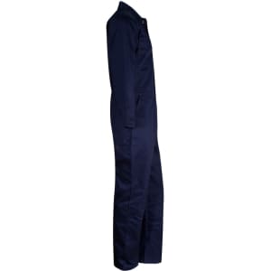 A navy men's cotton drill coverall with a fitted design, featuring pockets and a logo.