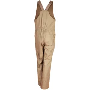 A tan cotton drill overall with adjustable straps and a back elastic panel, featuring side and leg pockets.