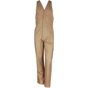 Men's cotton drill action back overall in khaki. Features multiple pockets and a branded logo.