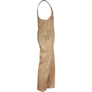Men's cotton drill overall in khaki, featuring an action back design and multiple pockets. Includes branding detail.
