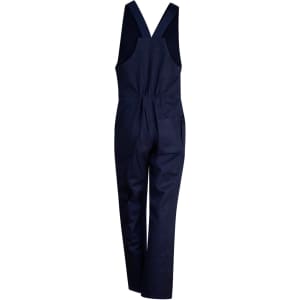A navy blue cotton drill overall with adjustable straps and multiple pockets, featuring a logo on the front.
