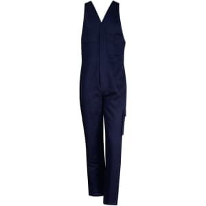 A navy blue cotton drill overall with adjustable straps and multiple pockets. Features a branding logo.