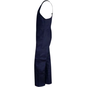 A navy blue cotton drill overall with an action back design, featuring multiple pockets and a branded logo.
