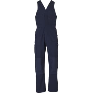 A navy blue men's overall featuring adjustable straps, multiple pockets, and a branded logo.