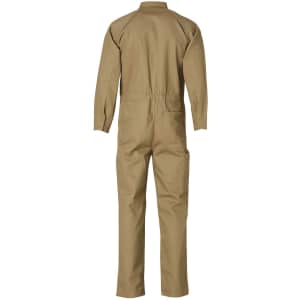 A khaki men's cotton drill coverall with a back view, featuring a fitted waist and long sleeves.