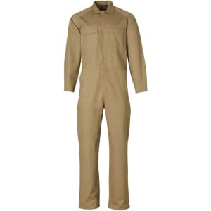 A men's cotton drill coverall in khaki, featuring long sleeves and multiple pockets, with a logo on the label.
