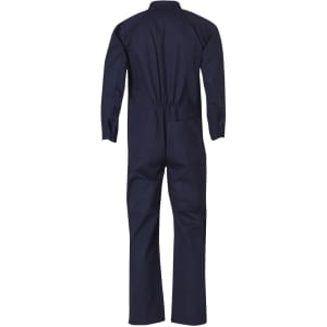 A navy blue men's cotton drill coverall with long sleeves and a fitted waist, featuring a logo.