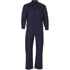 A navy blue cotton drill coverall with a zip front, long sleeves, and two chest pockets, featuring a logo.