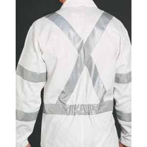 A white coverall with silver reflective accents on the back, featuring cross-patterned straps.