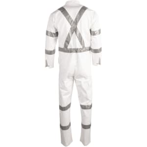 A white coverall with grey reflective stripes, featuring a logo and designed for night safety.
