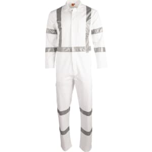 A white coverall with reflective silver stripes and a front pocket, featuring a logo on the chest area.