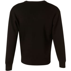 A black V neck wool and acrylic knit jumper with long sleeves and a simple design, featuring a logo.