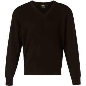 A V-neck jumper in black, made from a wool and acrylic knit blend. It features long sleeves and ribbed cuffs.