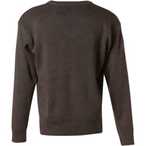 A grey V neck wool and acrylic knit jumper viewed from the back, featuring a simple design and long sleeves.