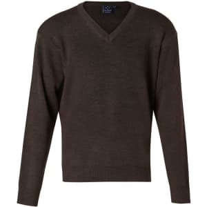 A V-neck jumper in dark brown wool and acrylic knit, featuring long sleeves and a branded label.