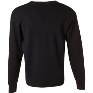 A black V-neck wool and acrylic knit jumper with long sleeves and ribbed hem. Features a logo on the back.