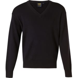 A black V-neck wool and acrylic knit jumper, featuring long sleeves and a ribbed hem. The product has a logo.