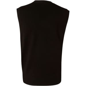 A black V neck wool and acrylic knit vest with a sleeveless design and ribbed hem.